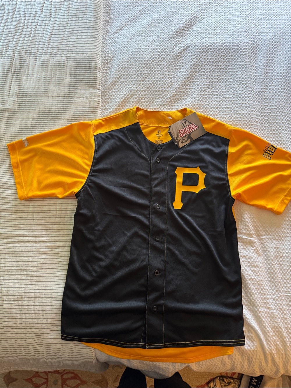 Stitches Black and Gold Baseball Jersey with 'P' Chest Logo
